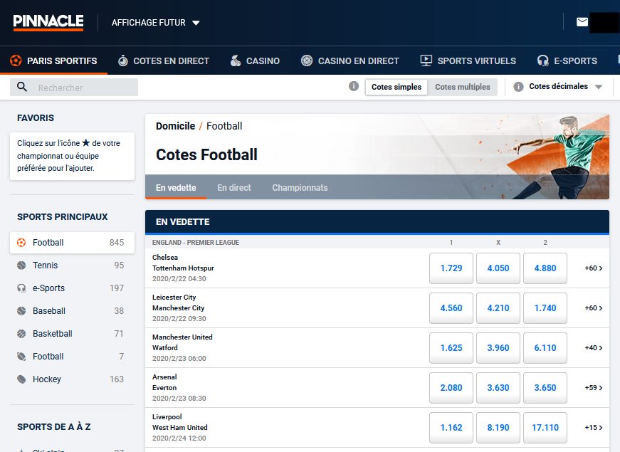 Vue des sports disponibles