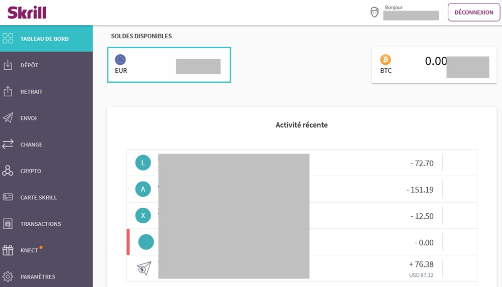 Exemple de compte chez Skrill